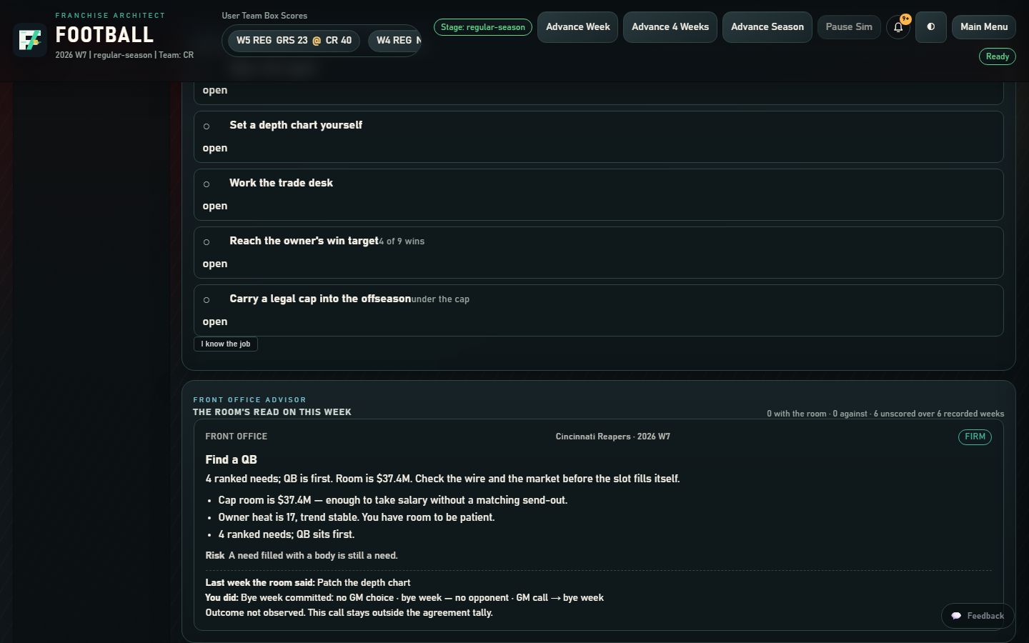 The First Season Contract objectives and the Front Office Advisor arguing one call, with the figures behind it